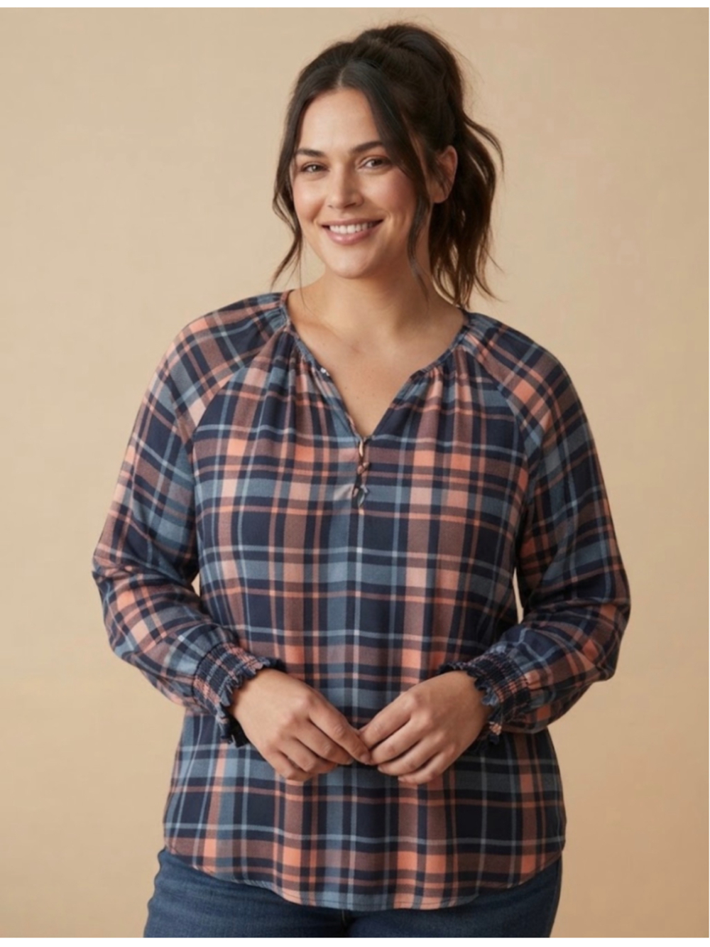 Daily Thread Plaid Blouse Navy Peach Size L